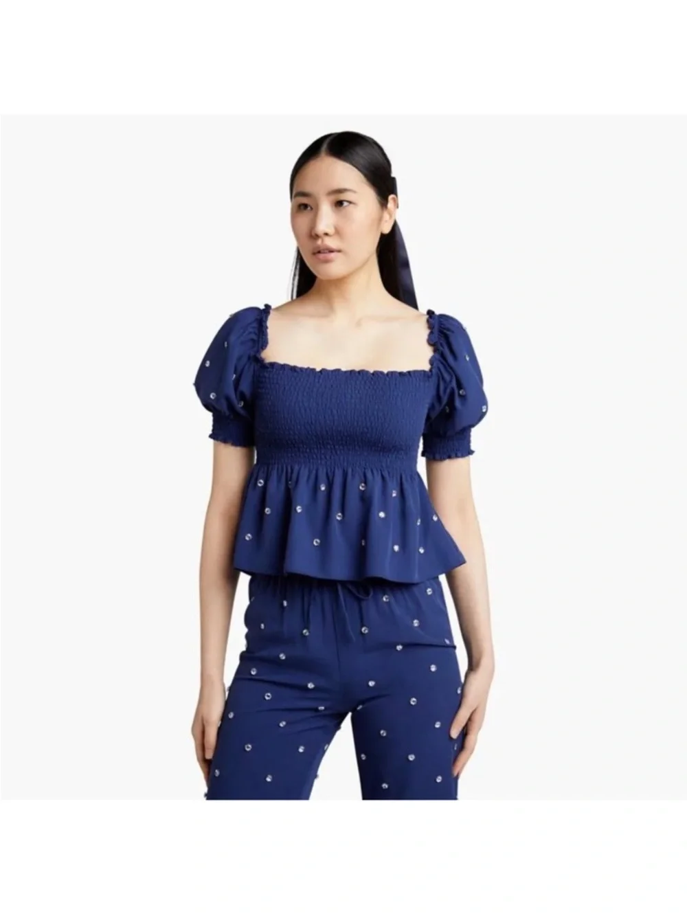 Hill House Home Jewel Jammy Top Navy Blue Smocked Peplum‎ Puff Sleeve Size M